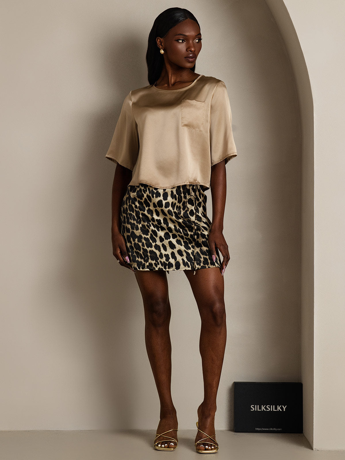 [Champagne] SilkSilky  Pure Silk Boat Neck Women's T-Shirt 006