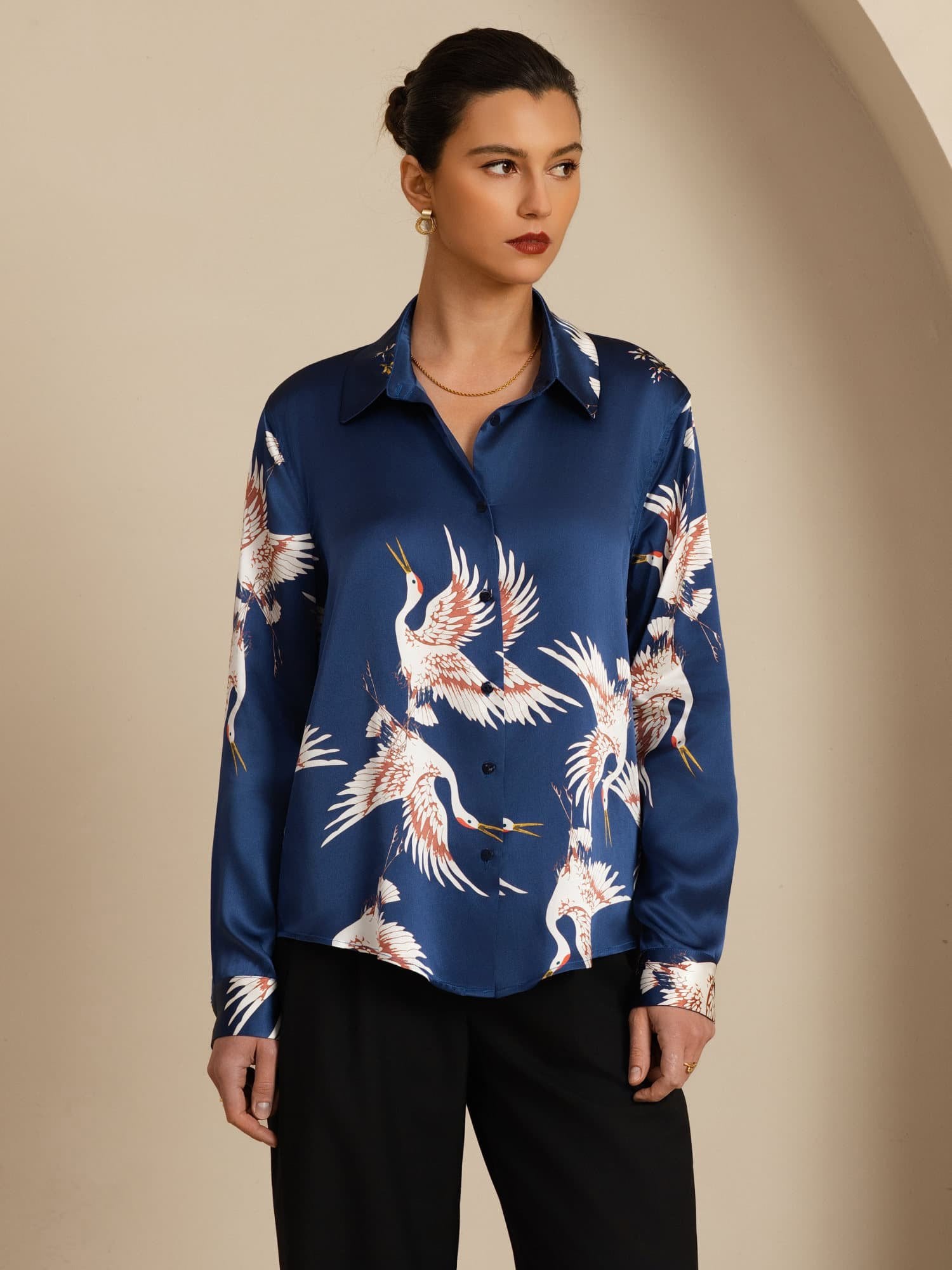 [Dark Blue] SilkSilky  19Momme Long Sleeve Lapel Collar Women's Shirt 004