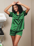 SilkSilky US Pure Silk Short Sleeve Lapel Women's Pajamas Green 002