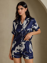[Navy Cheetah] SilkSilky  Short Sleeve Notch Collar Women's Pajamas 005
