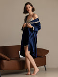 SilkSilky  Pure Silk Long Sleeve V Neck Nightgown&Robe Set DarkBlue 005