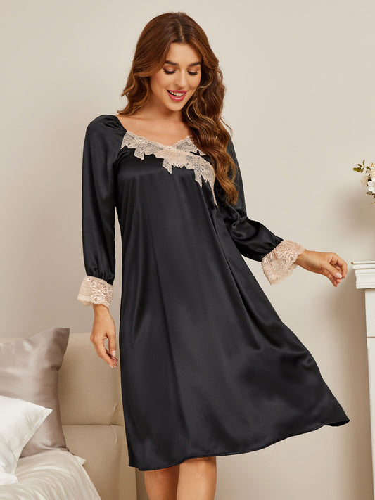 SilkSilky US Pure Silk Long Sleeve Nightgown Black 001