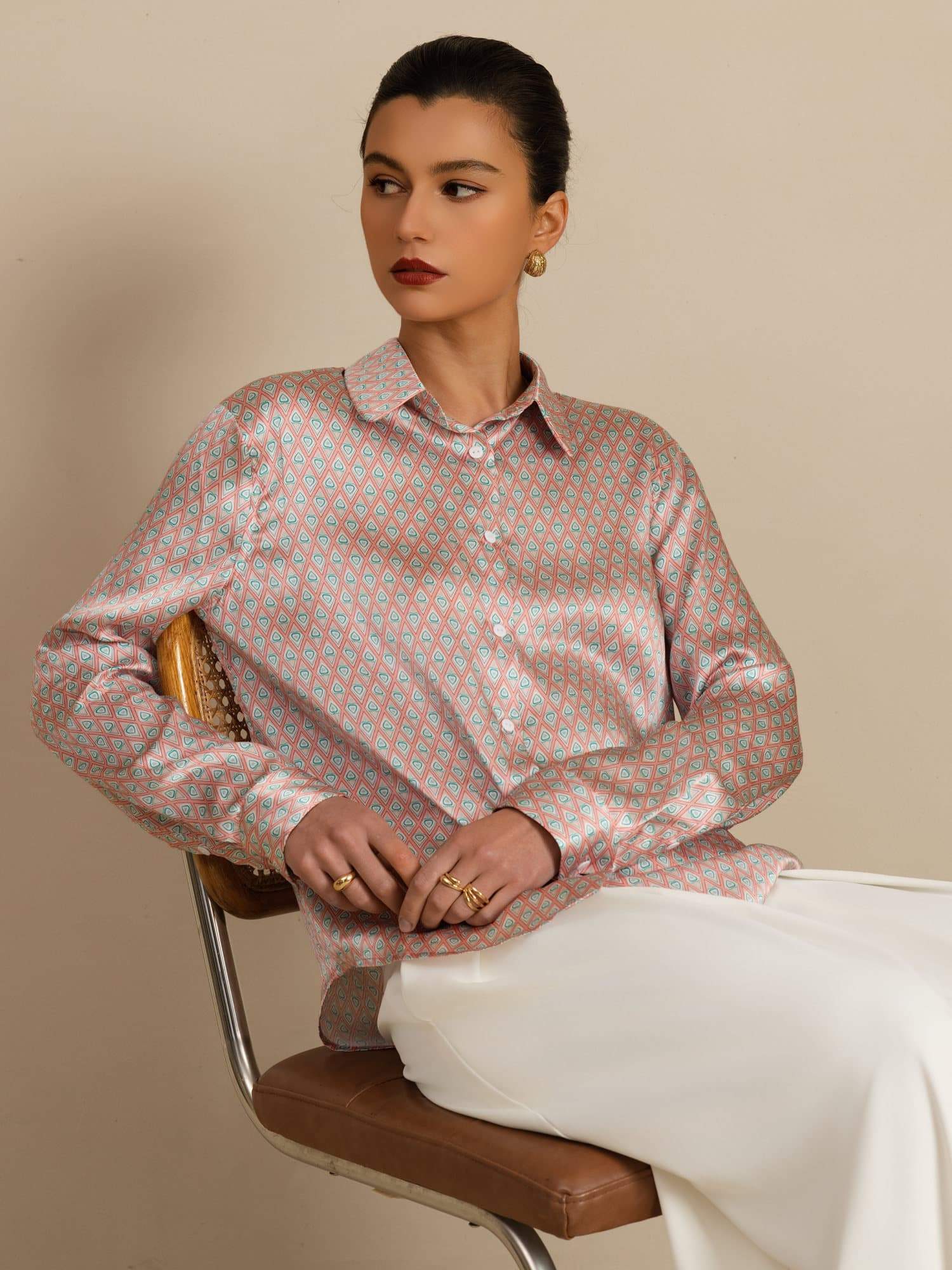 [Pink Heart Geo] SilkSilky Long Sleeve Lapel Collar Women's Shirt 001