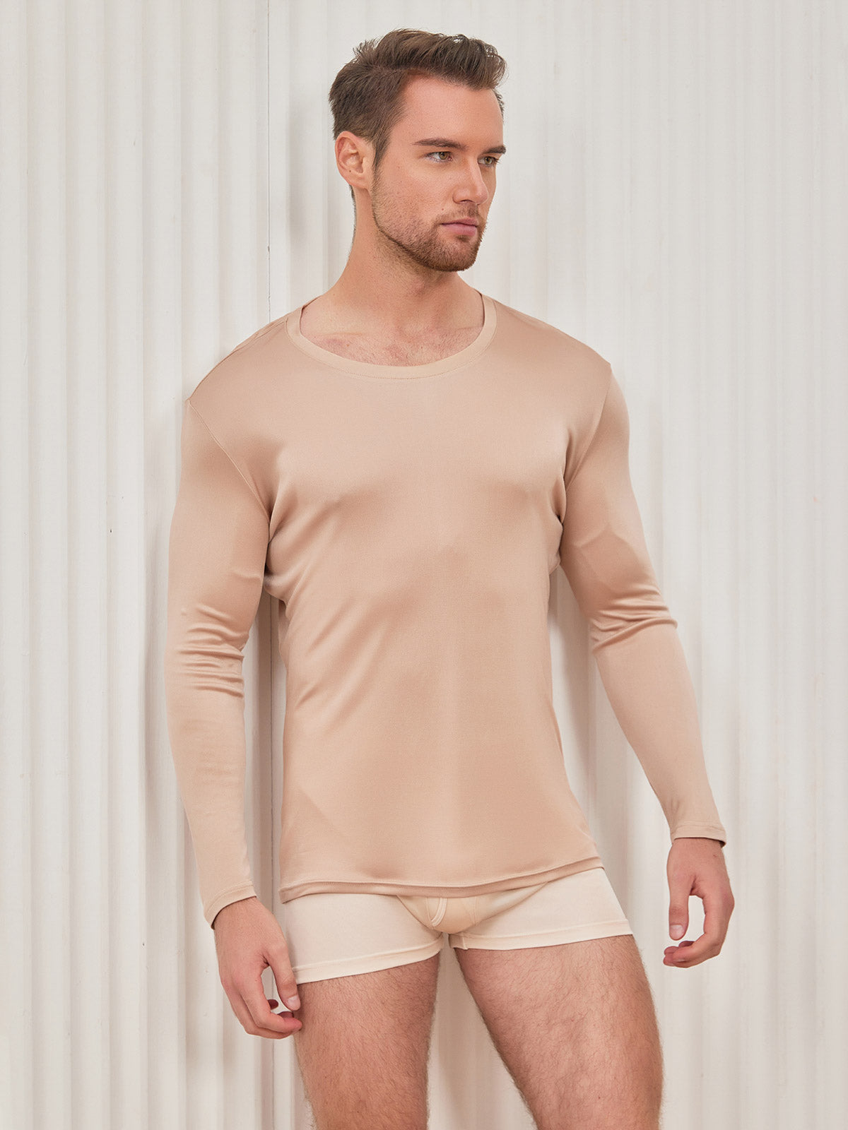 SilkSilky US Silk Knitted Long Sleeve Round Neck Men's T Shirt Beige 004