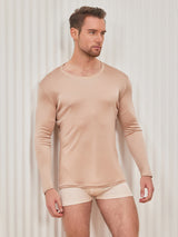 [Beige] SilkSilky  100% Silk Jersey Long Sleeve Round Neck Men's T-Shirt 004
