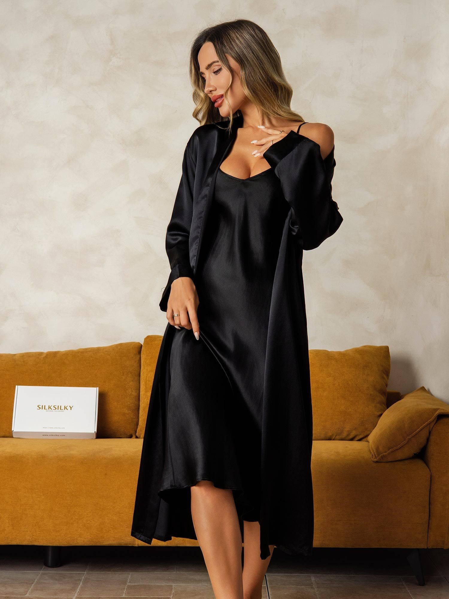 [Black] SilkSilky Pure Silk Wrap Nightgown&Robe Set 003