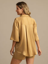 [Tan] SilkSilky  19Momme Machine-Washable Silk Half Sleeve Notch Collar Women's Pajamas 002
