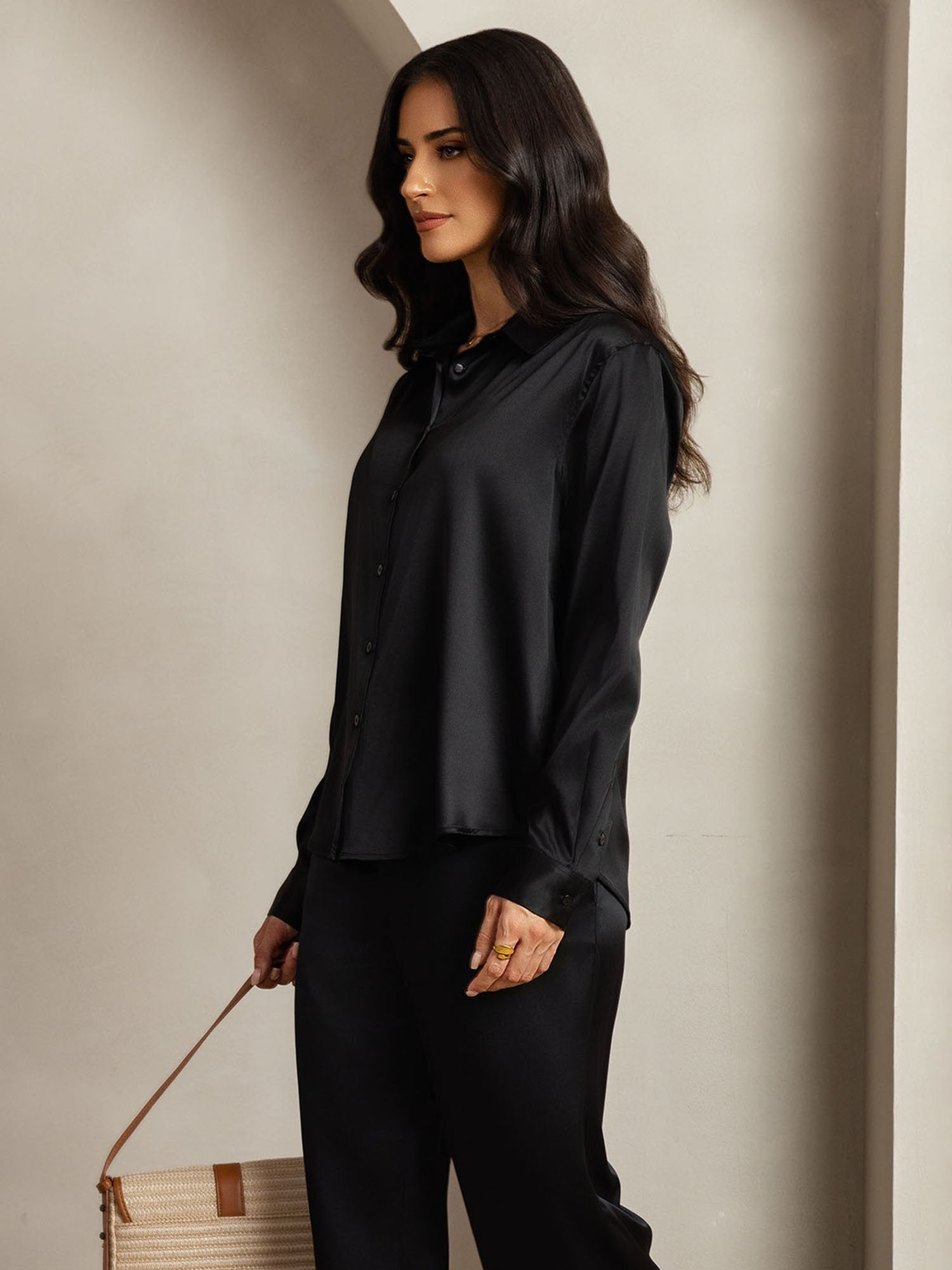 [Black] SilkSilky 19Momme Silk Lapel Collar Women''s Outfit Sets 006