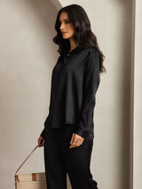 [Black] SilkSilky  19Momme Silk Lapel Collar Women''s Outfit Sets 006,
