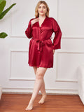 SilkSilky US Pure Silk Long Sleeve Deep V Neck Plus Size Robe Wine 005