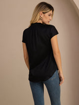 [Black] SilkSilky Short Sleeve Split Women's Blouse 002