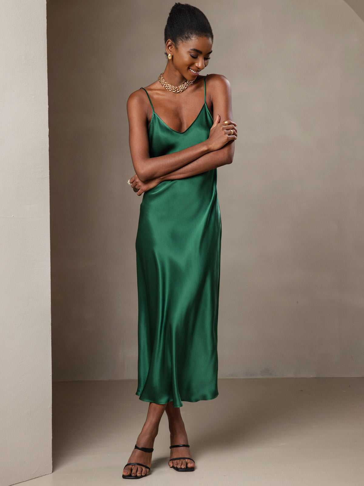 SilkSilky  Pure Silk Sleeveless Round Neck Dress Green 005