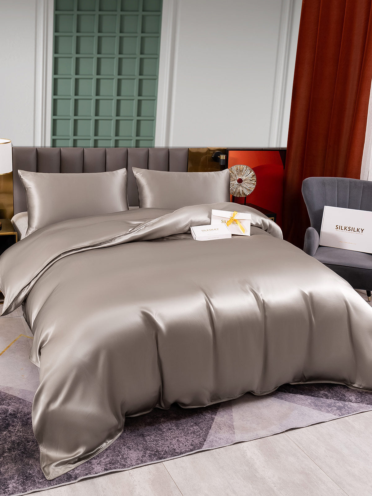 SilkSilky US 25Momme Pure Silk Bedding Set Gray 003