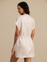 [Pink] SilkSilky 18Momme Silk Satin Surah Cap Sleeve Henley Neck Dress 002