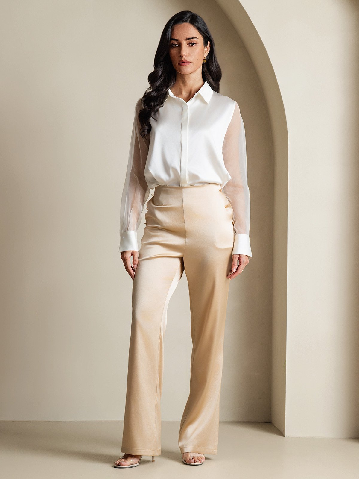 [White] SilkSilky  19Momme Silk Lapel Collar Women's Shirt 007