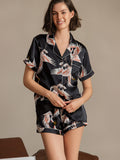 SilkSilky  19Momme Pure Silk Short Sleeve Lapel Women's Pajamas Black 001