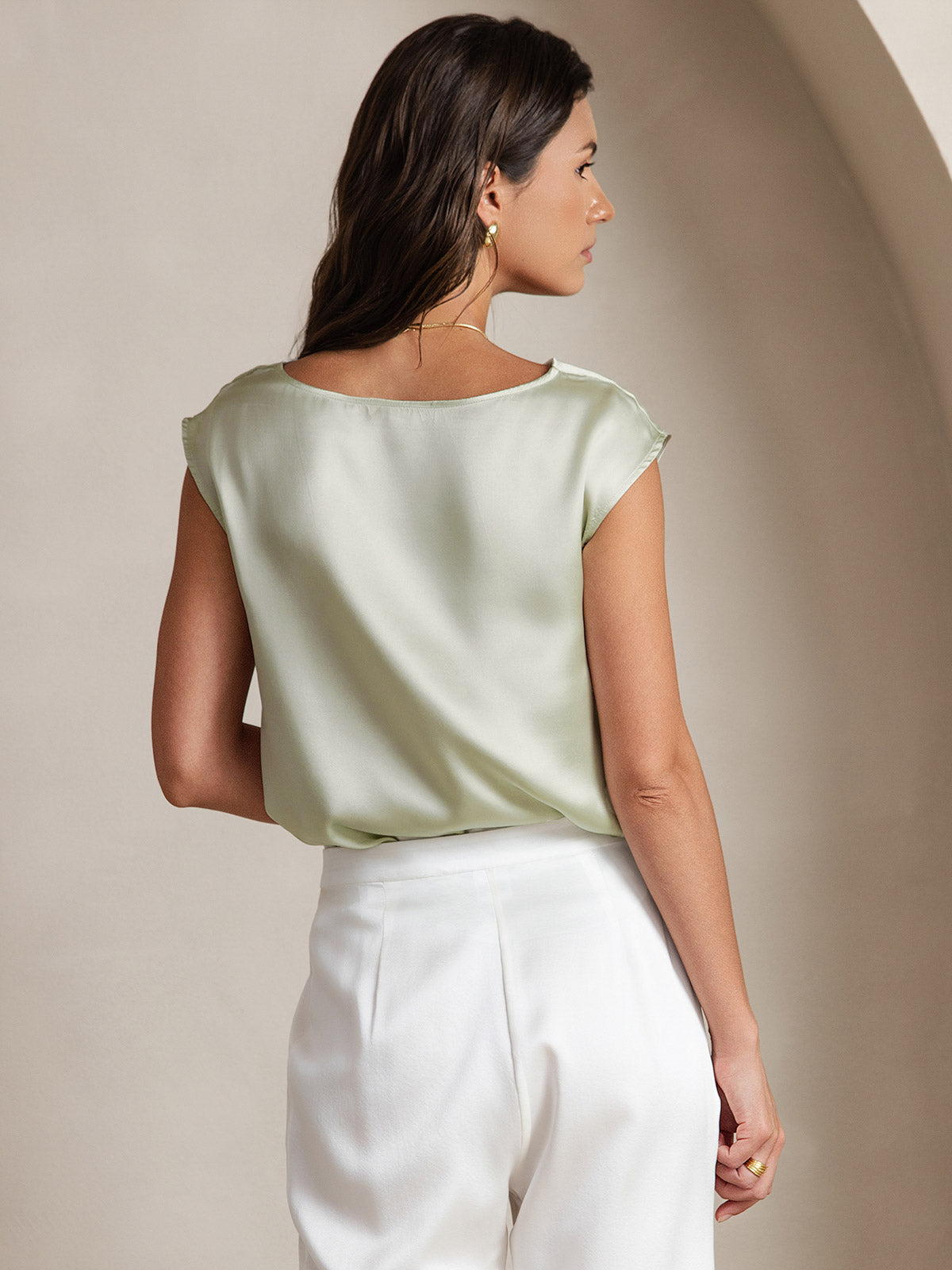 [Light Green] SilkSilky  19Momme Silk Cowl Neck Women's T-Shirt 002