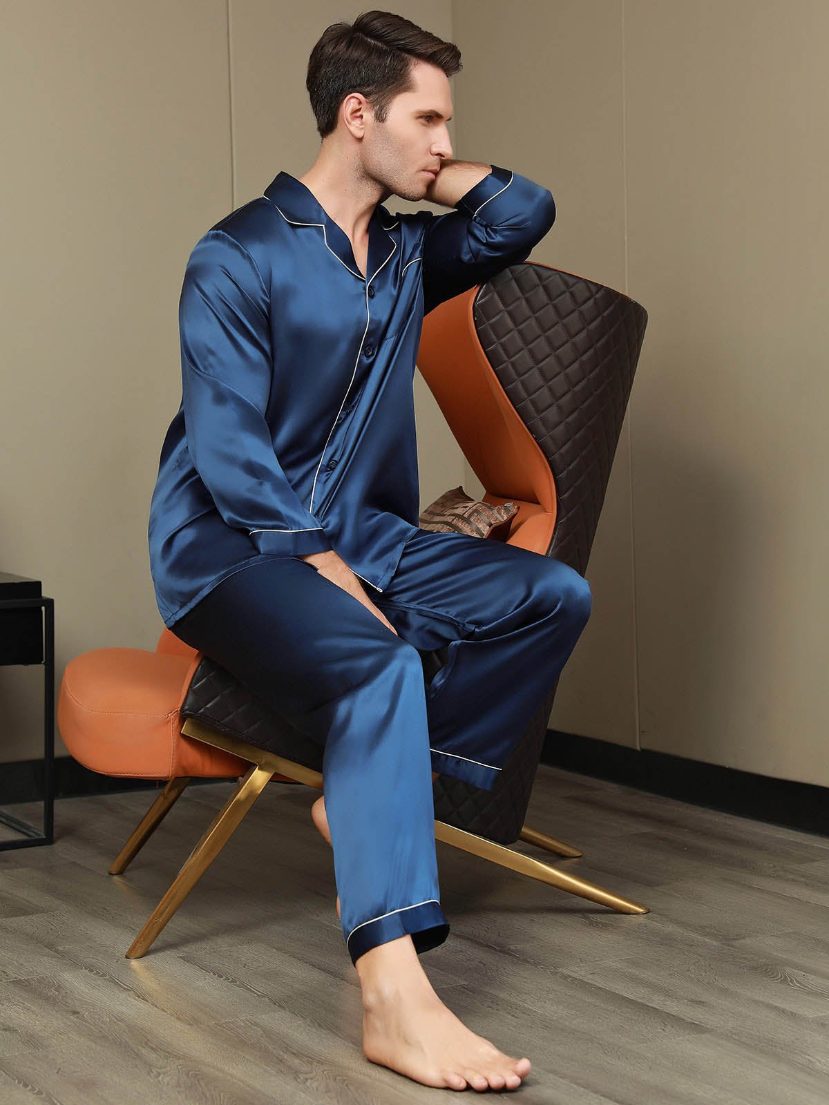 SilkSilky US Pure Silk Long Sleeve Lapel Men's Pajamas DarkBlue 008