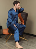 SilkSilky  Pure Silk Long Sleeve Lapel Men's Pajamas DarkBlue 008