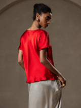 [Wine] SilkSilky  19Momme Stretch Silk Charmeuse Short Sleeve Boat Neck Women's T-Shirt 002