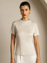 [Gray] SilkSilky  100% Silk Jersey Short Sleeve Mock Neck Women's T-Shirt 006