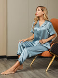 SilkSilky US Pure Silk Short Sleeve Lapel Women's Pajamas SteelBlue 008