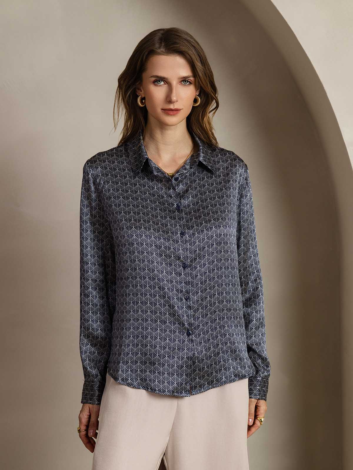 [Navy Ginkgo] SilkSilky  Silk Lapel Collar Women's Shirt 001