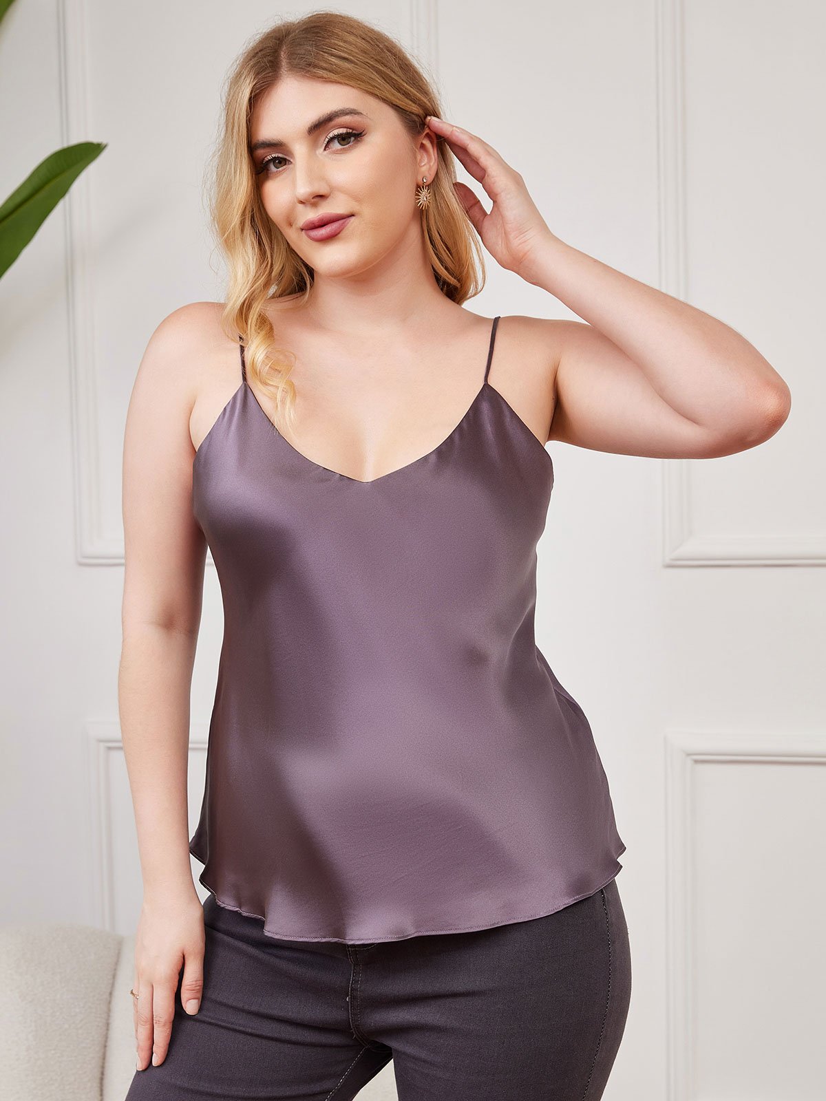 SilkSilky US Pure Silk Deep V Neck Plus Size Camisole Top PurpleGray 004