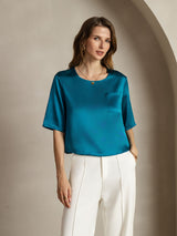 [Teal] SilkSilky  Pure Silk Half Sleeve Scoop Neck Women's T-Shirt 004