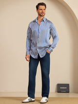 [Navy Stripe] SilkSilky 19Momme Stretch Silk Charmeuse Long Sleeve Lapel Collar Men's Shirt 007