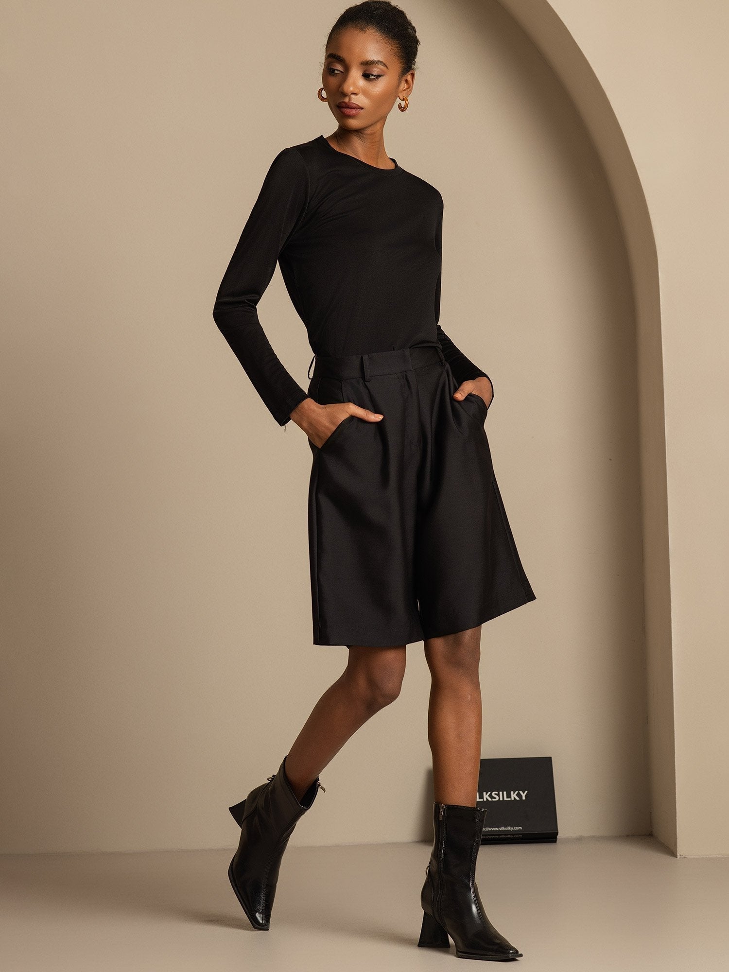 [Black] SilkSilky  32Momme Silk Womens Shorts 006,