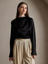[Black] SilkSilky  19Momme Long Sleeve Boat Neck Blouse 001
