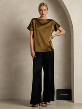 [Brown] SilkSilky  19Momme Stretch Silk Charmeuse Short Sleeve Boat Neck Women's T-Shirt 001
