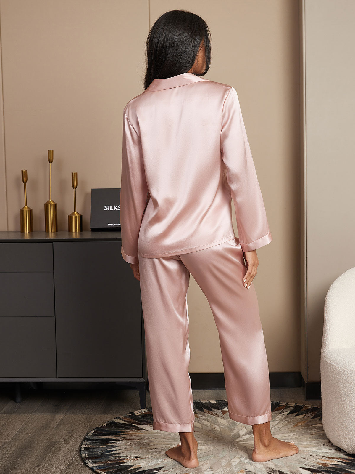 SilkSilky  Pure Silk Long Sleeve Lapel Women's Pajamas Pink 002