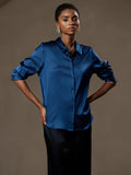 SilkSilky US Silk Blend Long Sleeve Collar Women's Shirt Teal 004