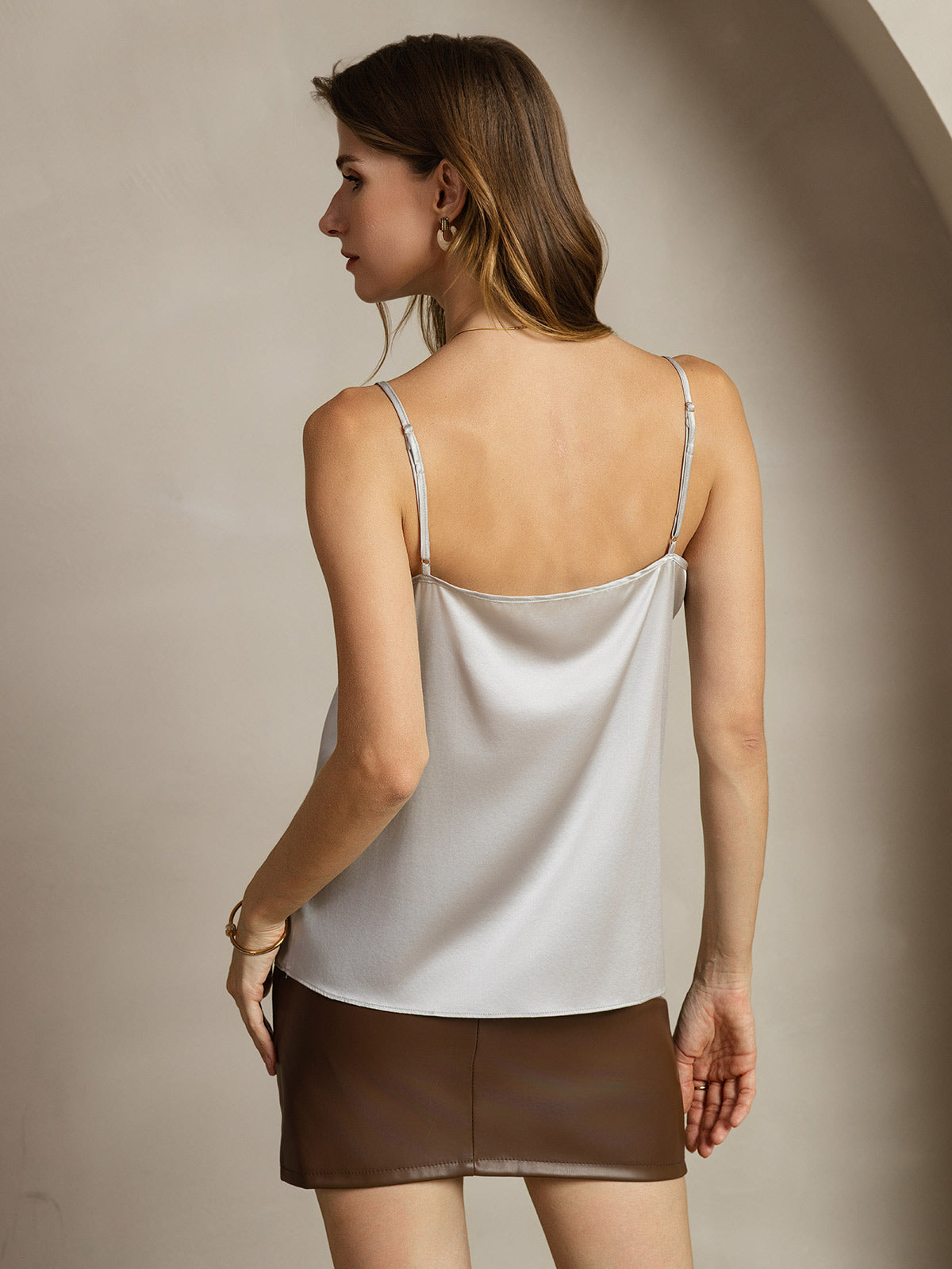 [Silver] SilkSilky  19Momme Stretch Silk Charmeuse Spaghetti Strap Scoop Neck Camisole Top 002