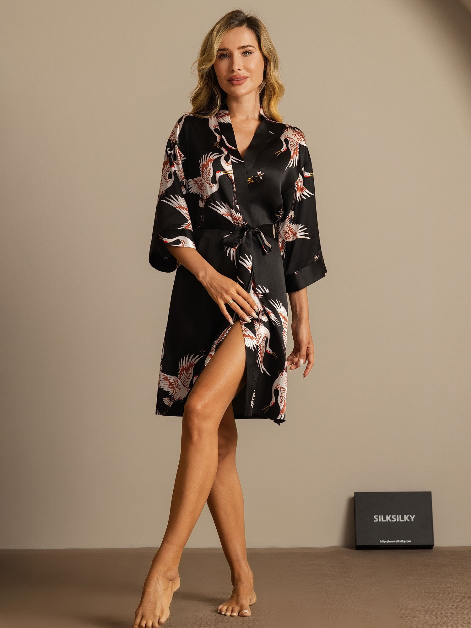 [Black] SilkSilky 19Momme Pure Silk Wrap Women's Robe 003