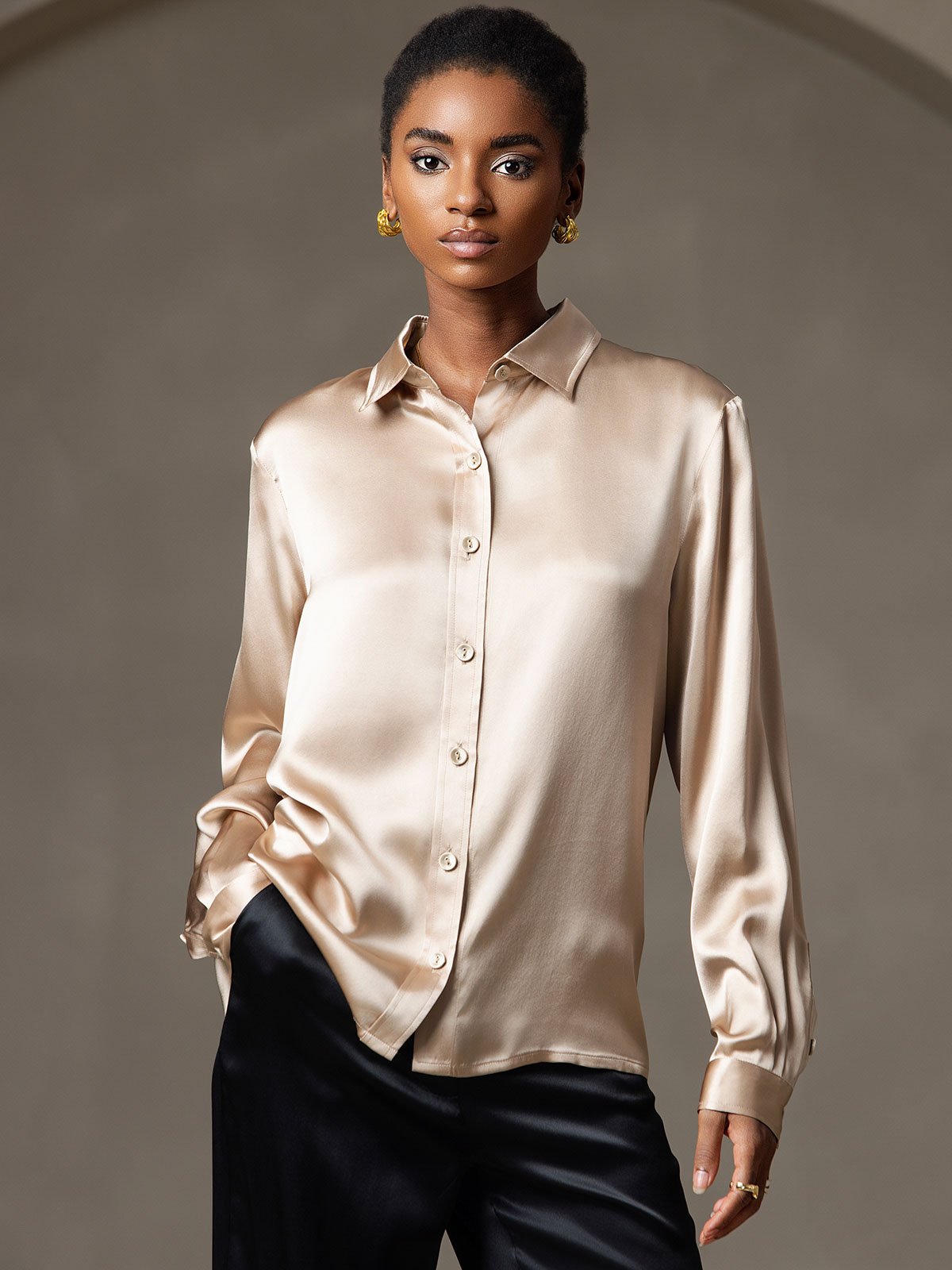 SilkSilky  19Momme Silk Long Sleeve Collar Women's Shirt Champagne 007