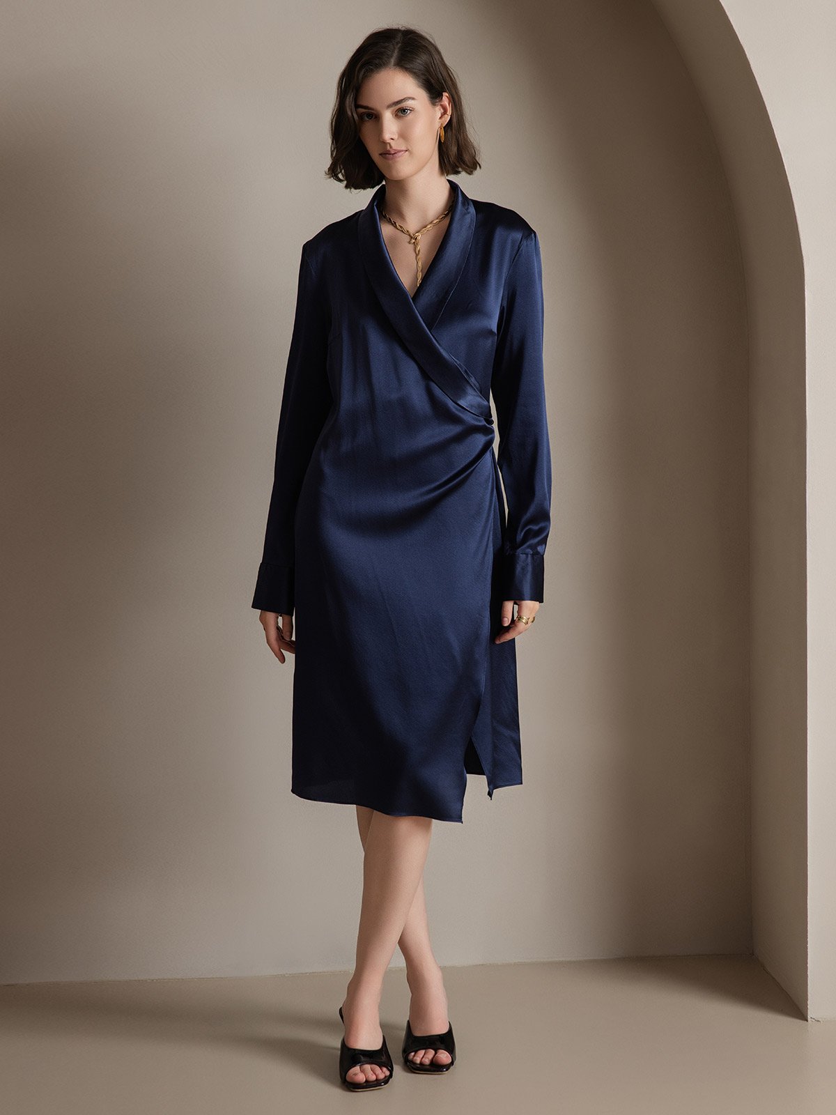 [Dark Blue] SilkSilky  19Momme Silk Lapel Collar Dress 004,