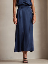 [Dark Blue] SilkSilky  19Momme Stretch Silk Charmeuse Skirt 003
