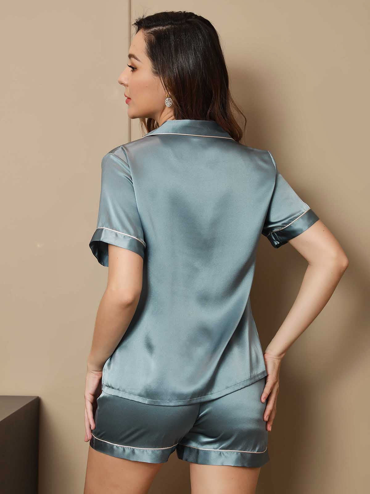 Short Sleeve Satin Sleepwear 100% Silk Pajama Set Women Home Wear