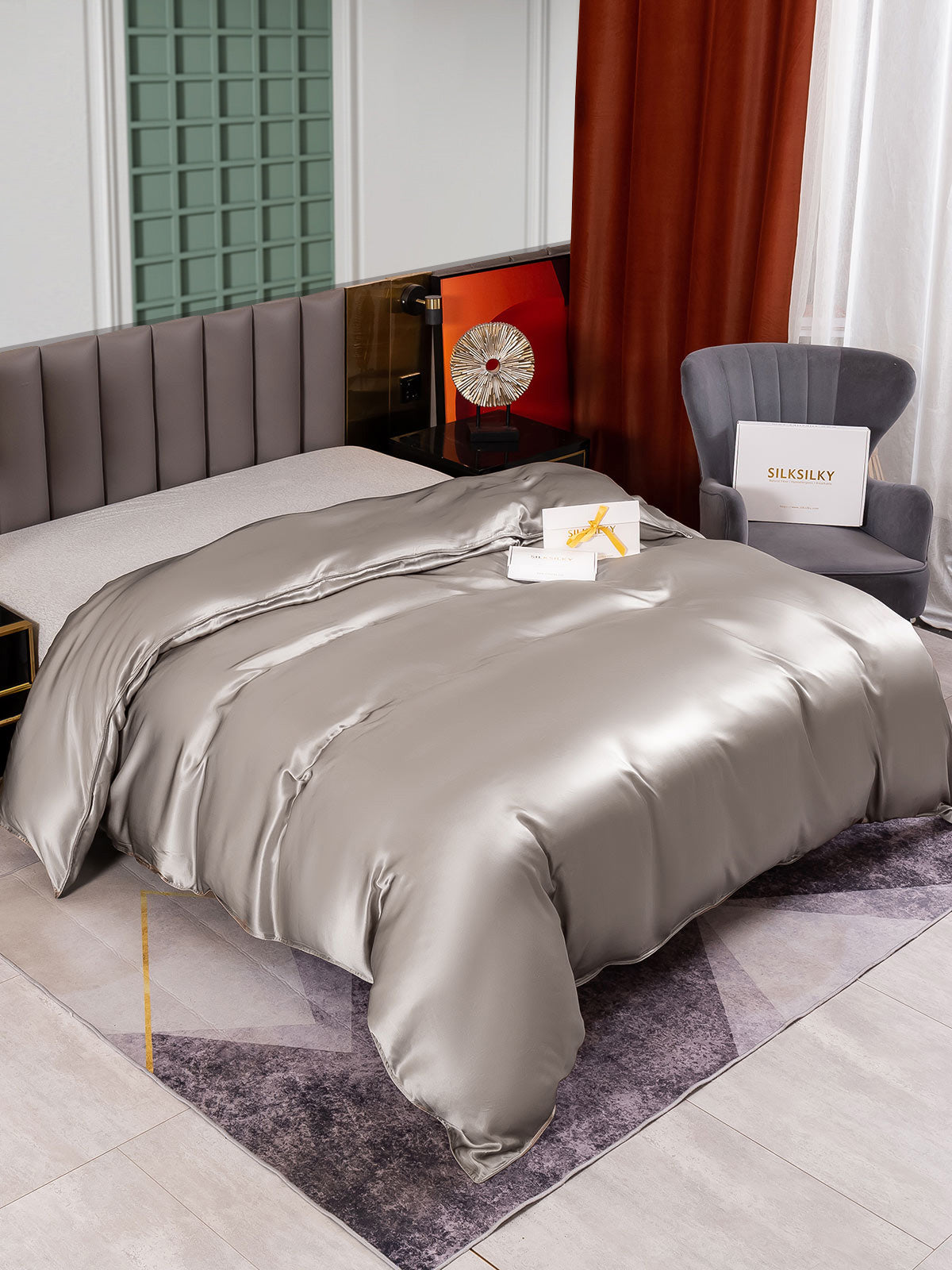 SilkSilky US 25Momme Pure Silk Duvet Cover Gray 002