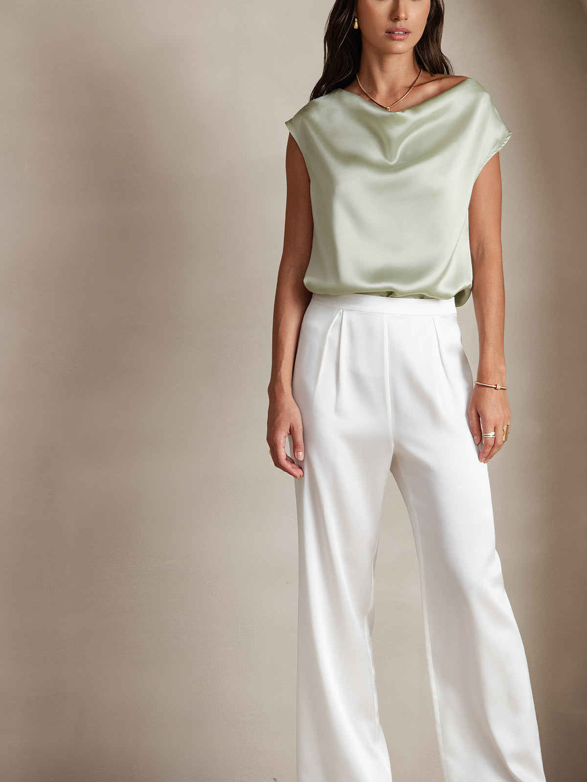 [Light Green] SilkSilky  19Momme Silk Cowl Neck Women's T-Shirt 005