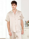 SilkSilky US 19Momme Pure Silk Short Sleeve Lapel Men's Pajamas Beige 001