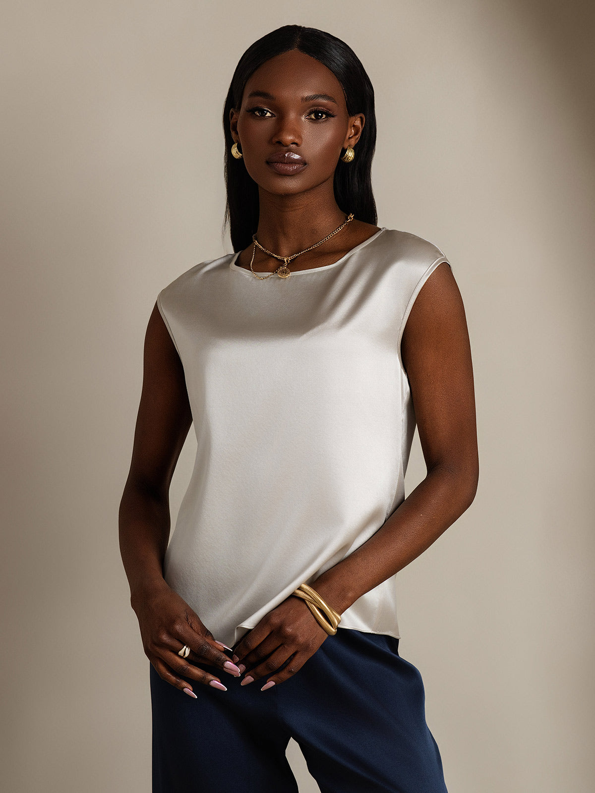 [Light Gray] SilkSilky  19Momme Silk Round Neck Women's T-Shirt 003