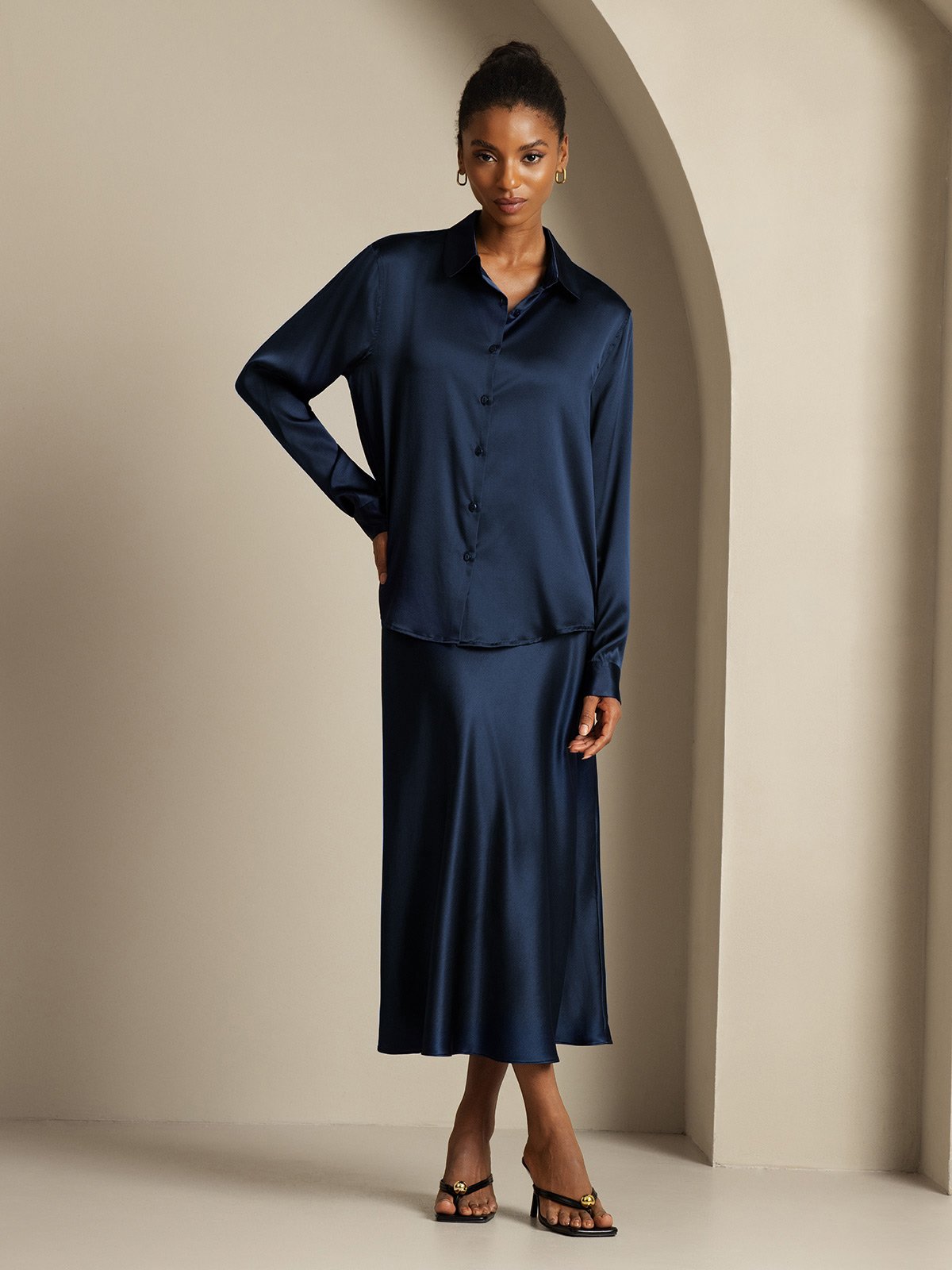 [Dark Blue] SilkSilky  19Momme Silk Lapel Collar Women''s Outfit Sets 006,