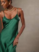 [Green] SilkSilky  Pure Silk Spaghetti Strap V Neck Dress 004