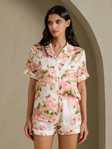 [White Peony] SilkSilky Short Sleeve Notch Collar Women's Pajamas 001