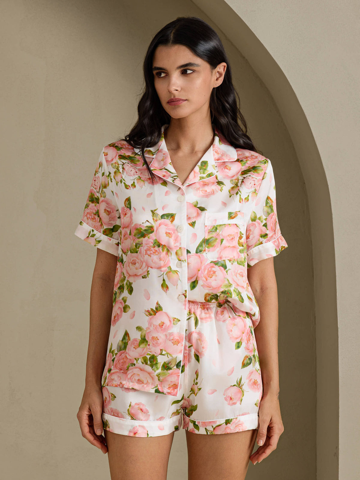 [White Peony] SilkSilky Short Sleeve Notch Collar Women's Pajamas 001