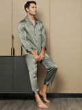 SilkSilky US Pure Silk Long Sleeve Lapel Men's Pajamas GrayishGreen 003